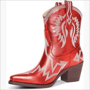 Metallic Faux Leather Western Boots Embroidered Pointed Toe Pull-On Ankle Boots
